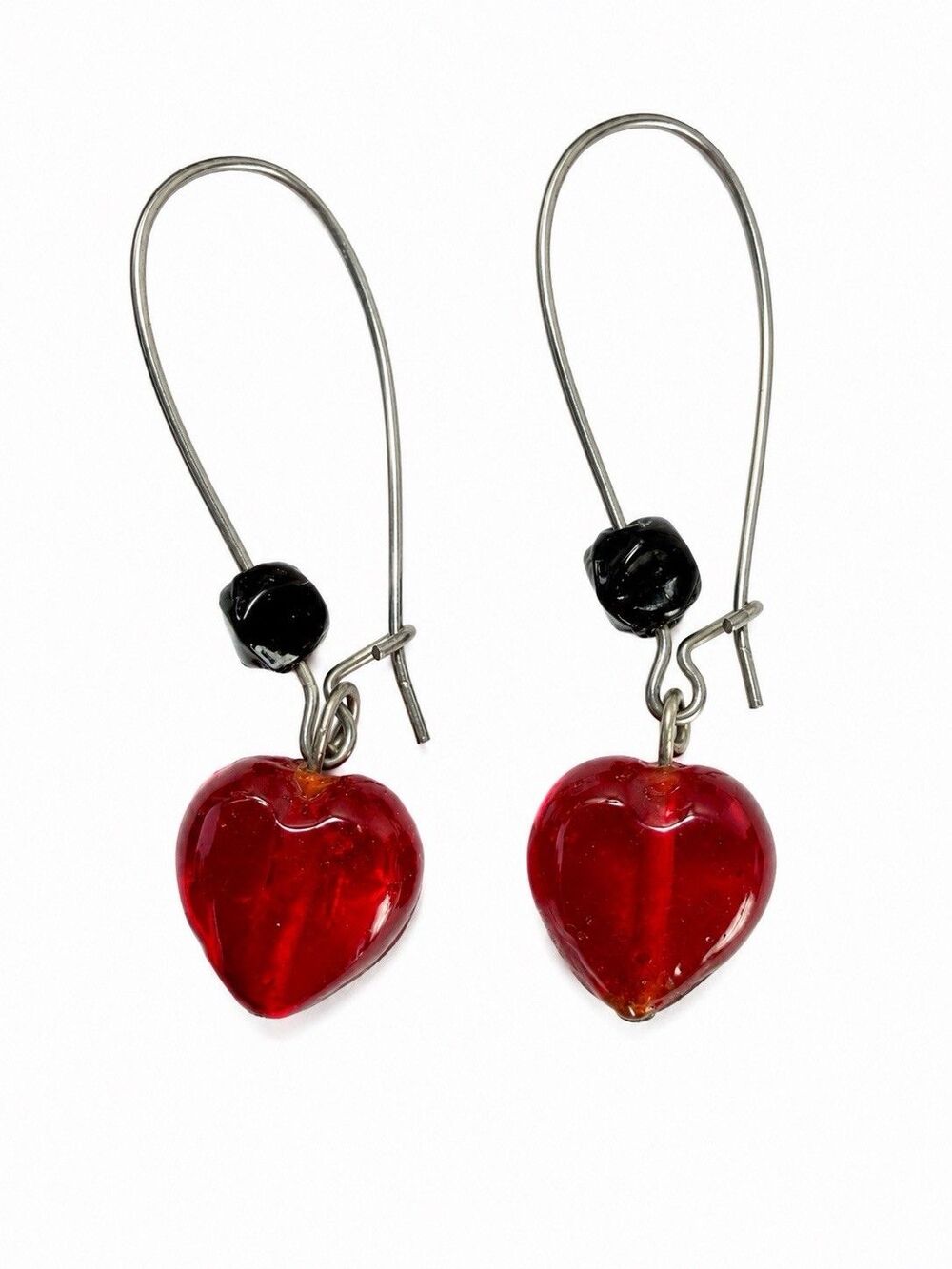 Vintage Mid Century Red Glass Heart Dangle Earrings MCM Artisan Kidney Wire